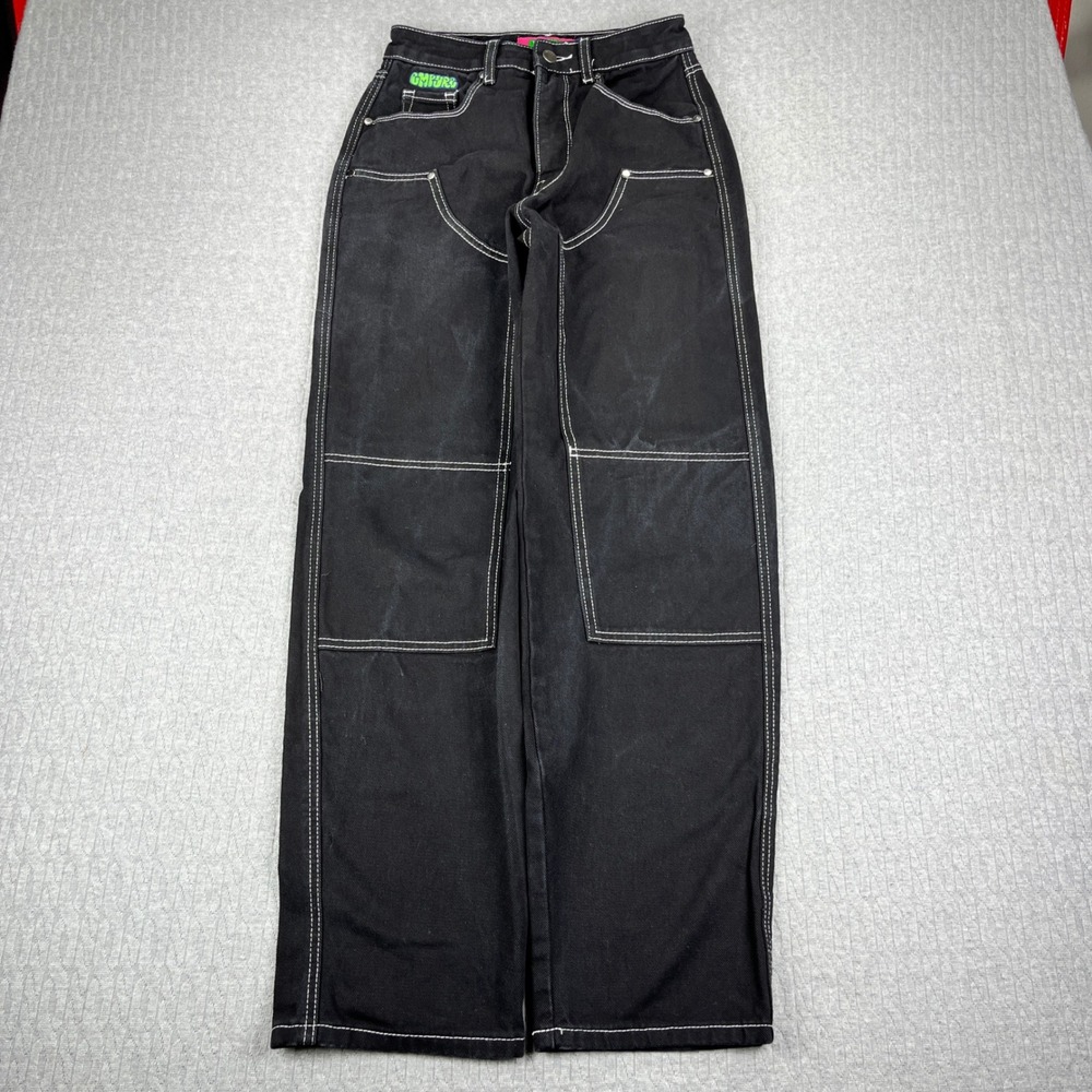 Empyre Skater double knee jeans Women 0/24X30 1/2 Black Baggy Wide Leg Y2K 90s